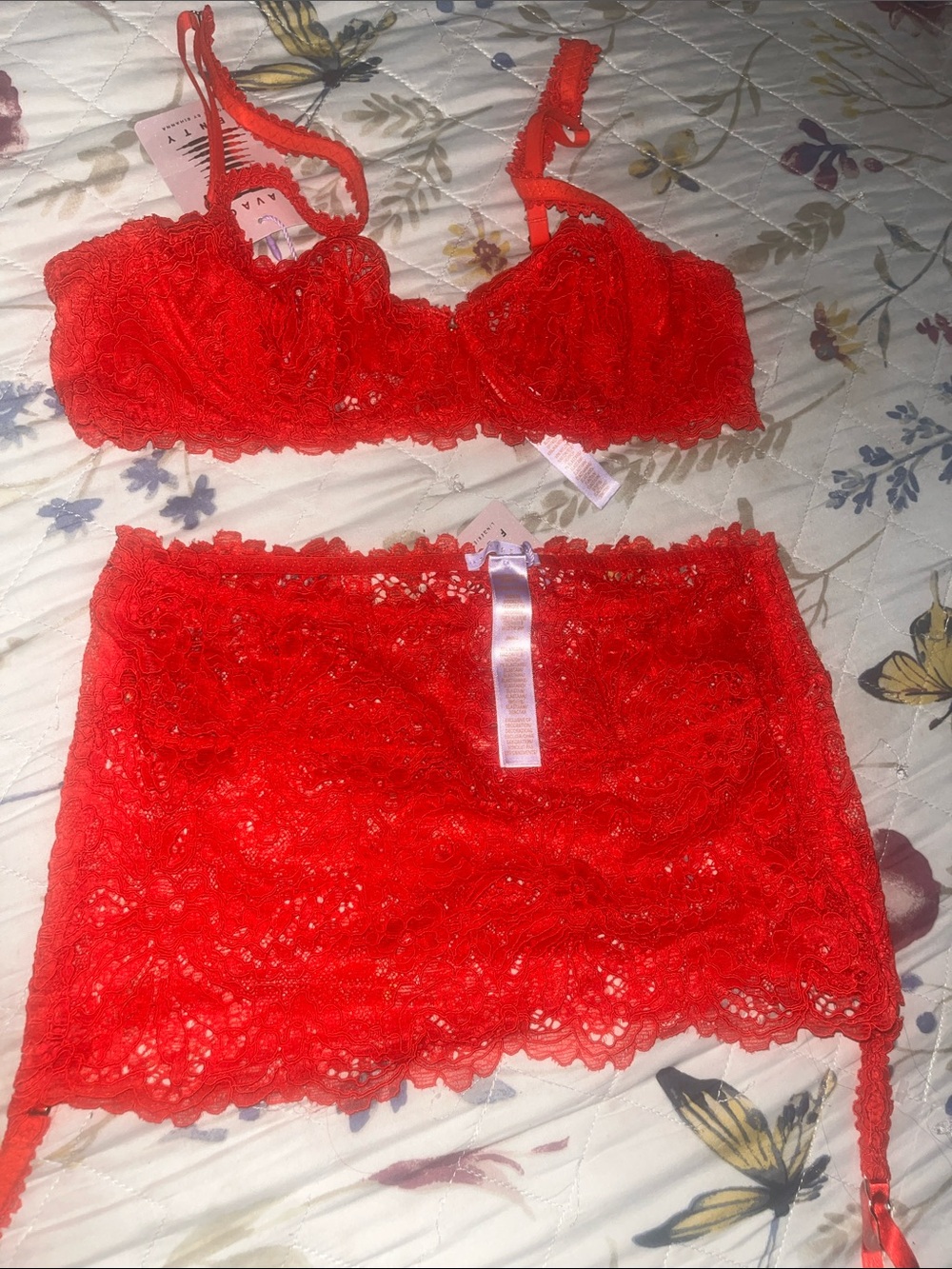 FENTY Red Lace Mini set braw garter skirt for Women